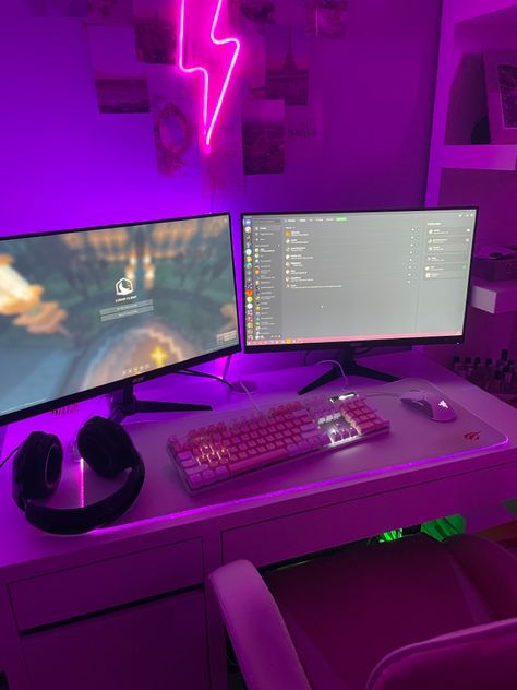 Minecraft Gaming Setup, Gaming Set Up Aesthetic, Pink Gaming Set, Gaming Setup Ideas, Up Aesthetic, Gaming Desk Setup, Best Gaming Setup, Setup Gamer, Led Lighting Bedroom