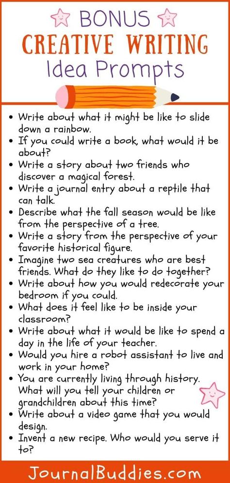 Use this creative writing idea list of prompts in order to inspire individuality and innovation inside your classroom! #CreativeWriting #CreativeWritingPrompts #JournalBuddies 4th Grade Writing Prompts, Creative Writing Topics, Homeschool Writing Prompts, Creative Writing For Kids, Journal Prompts For Kids, Creative Writing Ideas, 3rd Grade Writing, 4th Grade Writing, Writing Prompts For Kids