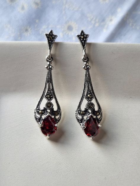 Victorian Dangle Earrings Sterling Silver Marcasite Red Glass 925 Romantic Gothic Dark Academia Speakeasy Filigree Earrings - Etsy Gothic Dark Academia, Perfume Jewelry, Gothic Earrings, Sterling Silver Marcasite, Filigree Earrings, Funky Jewelry, Dessin Adorable, Red Earrings, True Red