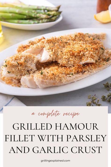 Dinner Ideas; Grilled Fish Recipes; Grilled Hamour fillet with Parsley and Garlic Crust; Fish Recipes Grilled, Recipes Grilling, Grilled Fish Recipes, Grilled Fish, Mouth Watering Food, Fish Fillet, Summer Dinner, White Colors, Vibrant Green