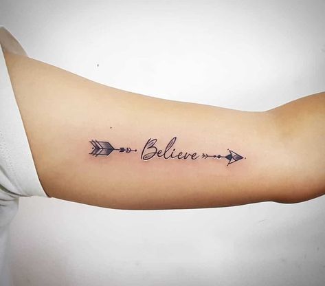 Arrow Tattoo Believe Believe Arrow Tattoo, Believer Tattoo Men, Arrow Memorial Tattoo, Simple Arrow Tattoo Design, Still I Rise Arrow Tattoo, Meaning Of Arrow Tattoos For Women, Arrow Tattoos Meaning, Arrow Tattoos For Women Meaning, Arrow Tattoo Designs For Women