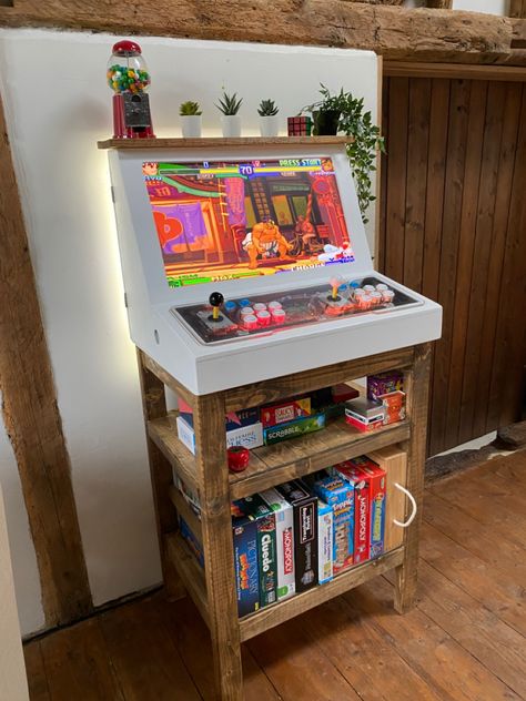 Diy Arcade Table, Mini Arcade Cabinet, Nintendo Arcade Cabinet, Game Cabinet Ideas, Arcade Cabinet Design, Diy Arcade Machine, Custom Arcade Cabinet, Board Game Cabinet, Diy Arcade Games