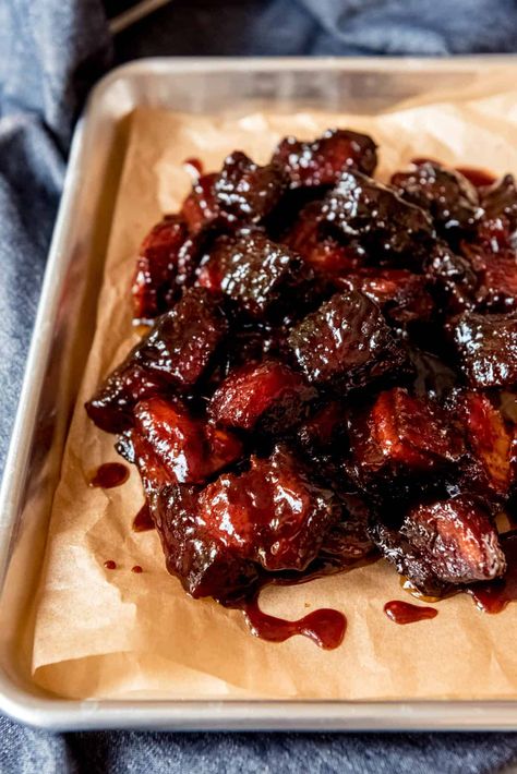 Smoked Pork Belly Burnt Ends are irresistible, juicy bites of mouthwatering meat (the same kind used to make bacon) that is rubbed in spices, infused with smoky flavor, and tossed in a fabulous barbecue sauce.  Eat them as an appetizer by spearing with toothpicks, or throw them into tacos or salads, onto buns for pork belly sandwiches, or over nachos.  #porkbelly #pork #burntends #appetizer #bbq #barbecue #smoker #easy #recipe #meat #grilling Bbq Pork Bites, Burned Ends Bbq, Pork Belly Burnt Ends In The Oven, Burnt Ends In The Oven, Smoked Pork Belly, Brisket Burnt Ends, Pork Belly Burnt Ends, Barbecue Smoker, Meat Rubs