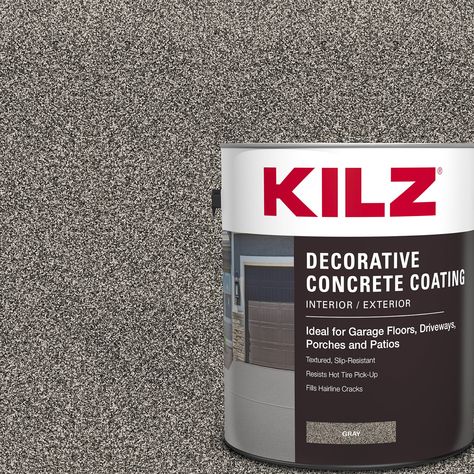 Breathe new life into your concrete surfaces with KILZ interior/exterior decorative concrete paint formulated for driveways, garage floors, pool decks, patios and porches. Easy to apply concrete paint fills in hairline cracks up to 1/8 inch and stands up to hot tires, dirt and grease. Slip resistant surface is ideal for pool decks and walkways. Important: the product must be applied with a 1/4 inch adhesive roller cover. One gallon covers about 50 sq.'. With 2 coats. Durable, protective finish enhances the look of concrete surfaces. Dries to the touch in 1 hour, recoat after 4 hours. KILZ Decorative Concrete Coating Gray Textured Slip-resistant Matte Interior/Exterior Porch and Floor paint (1-Gallon) | L378711 Concrete Repair Products, Paint Concrete Patio, Painting Cement, Concrete Patio Makeover, Concrete Paint, Garage Storage Inspiration, Garage Floors, Porch Paint, Painted Concrete Floors