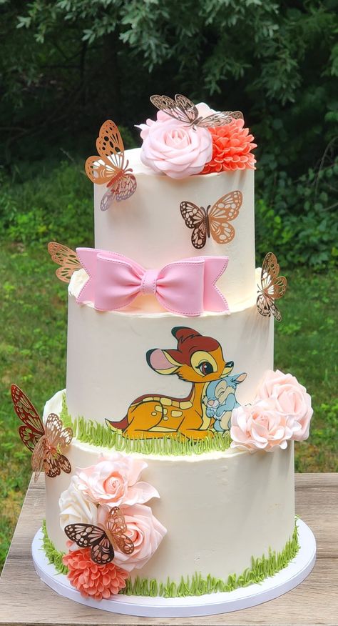 Bambi Nursery Theme, Bambi Baby Shower Cake, Bambi Birthday Cakes, Bambi Baby Shower Ideas, Cake Three Tier, Bambi Cake, Bambi Party, Bambi Birthday, Deer Cakes