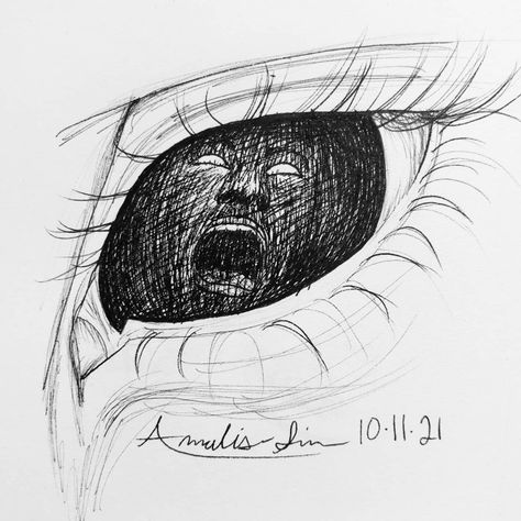 eye filled in black, silhouette of a screaming face shown withing the darkness Burned Out Drawing, Screaming From The Inside Drawing, Dark Background Drawing Ideas, Disturbing Eyes Art, Derealism Drawing, Meaningful Eye Drawings, How To Draw Someone Screaming, Dark Theme Drawing, Haunted Drawing Ideas