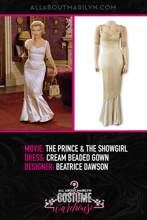 COSTUME WAREHOUSE: Beatrice Dawson (1908–1976) costume designer, white beaded Edwardian‐style evening gown, worn by Marilyn Monroe almost throughout the entire film of "The Prince and the Showgirl" (1957). There are believed to be three to five (perhaps more) identical copies made of the dress for the production. 💋. #PrinceandtheShowgirlMovieMonth #MarilynMonroe #AllAboutMarilyn #MarilynMonroeDress #MarilynMonroeCostumes #MovieCostumes Marilyn Monroe Formal Dresses, Dress Like Marilyn Monroe, Marylin Monroe Dresses, Marilyn Monroe Gown, Marilyn Monroe Wedding Dress, Marylin Monroe Dress, Marilyn Monroe Wedding, Marilyn Monroe White Dress, The Prince And The Showgirl