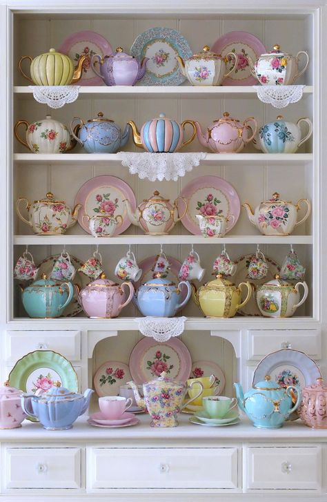 DP24893-10 from the Tea For Two collecion by Northcott Studio for Northcott. Tea Set Display, Tea Room Decor, Tea Cup Display, Teapot Collection, Crockery Design, Puzzle Collection, Pretty Mugs, Photos Vintage, Shabby Cottage