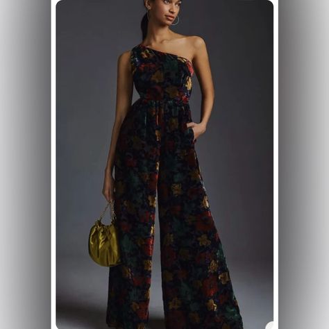 Hutch For Anthropologie One Shoulder Velvet Jumpsuit In A Size 4. Black With Beautiful Multi Colored Prints. Brand New With Tags! Velvet Jumper, Velvet Jumpsuit, Sequin Jumpsuit, Cropped Wide Leg Pants, Print Jumpsuit, Wide Leg Linen Pants, Floral Romper, Sleeved Romper, Long Sleeve Romper