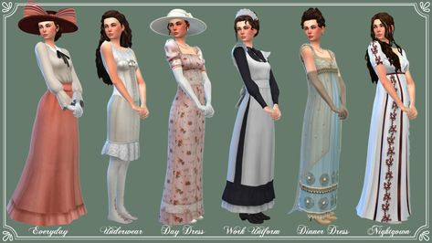 In staunch opposition to some of the more austere, practical Darlington lookbooks that we’ve seen in this decade is Rosella... Sims 4 Decades Challenge, Sims Medieval, Sims 4 Mm Cc, Sims 4 Mm, Sims4 Clothes, Sims 4 Cc Packs, Old Dresses, Travel Dress, Sims 4 Game