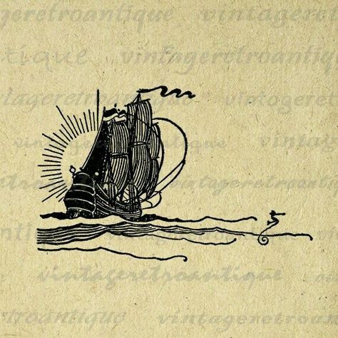 Sunset Graphic, Vintage Clip Art, Image Vintage, Nautical Tattoo, Ship Tattoo, Printing Fabric, Antique Artwork, Prints Fabric, Vintage Printable