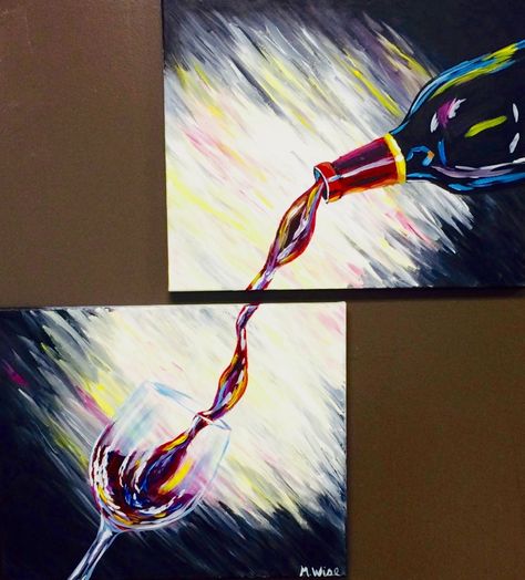 Wine Pouring Painting, Dual Painting Ideas, Two Piece Painting Canvases, Two Person Painting Ideas, 2 Person Painting Ideas, Duo Canvas Painting Ideas, Matching Canvas Painting Ideas, Double Canvas Painting, Matching Canvas Paintings