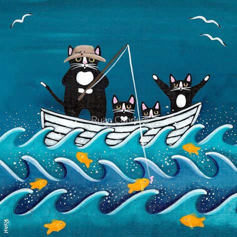 Folk Art Cat, Frida Art, Cat Art Illustration, Image Chat, Whimsical Cats, Cats Illustration, Fishing Boat, Naive Art, Folk Art Painting