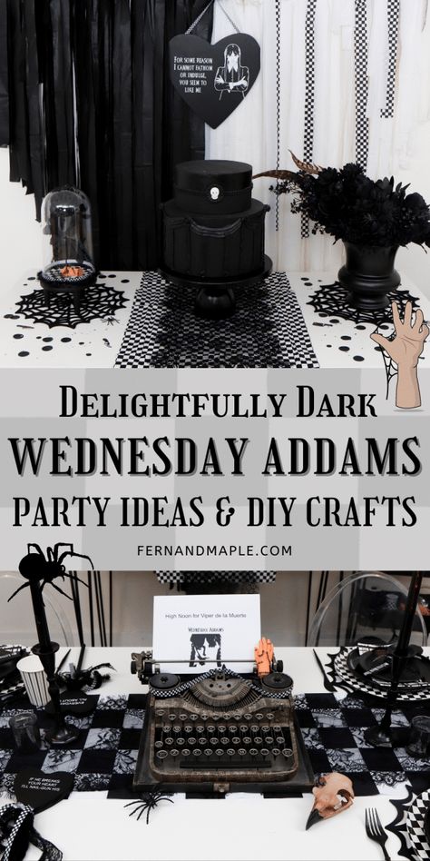 Addams Family Table Decor, Wednesday Adam Theme Party, Wednesday Table Decorations, Wednesday Halloween Decorations, The Addams Family Party Ideas, Wednesday Craft Ideas, Wednesday Halloween Party, Wednesday Addams Halloween Party, Diy Addams Family Decor