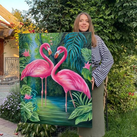 Rectangular Canvas Painting Ideas, Large Canvas Painting Ideas Acrylics, Rainforest Painting, Pink Flamingo Painting, Painting Flamingo, Bird Folk Art, Flamingo Artwork, Bird Painting Acrylic, Poster Color Painting