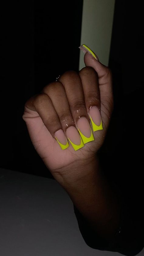 Lime Green Nails With Design, Medium Acrylic Nails French Tip, Smile Lines Nails, Lime French Tip Nails, Green Tip Nails French, Lime Green Nails French Tip, Neon Holiday Nails, Like Green French Tip, French Tip Nails Lime Green