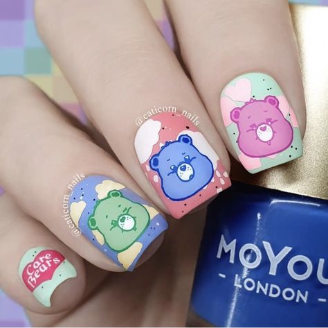 Themed Makeup, Bears Nails, Nails For Kids, Cute Nail Art, Care Bears, Cute Nails, Press On Nails, Nail Inspo, Nail Care