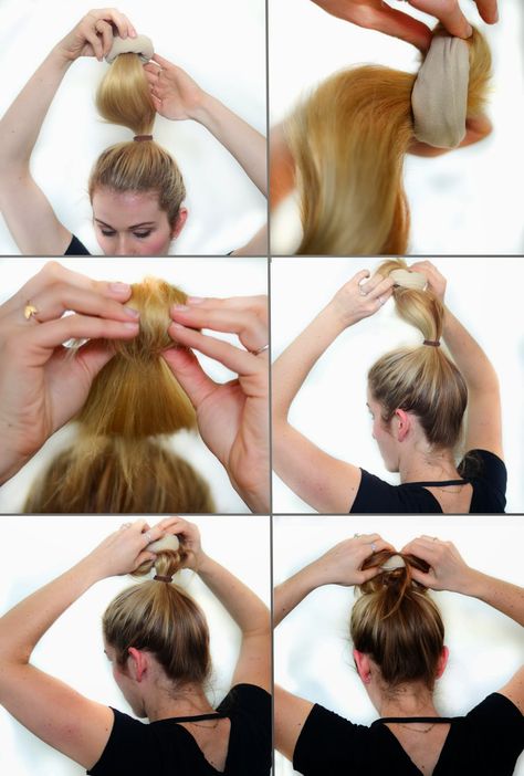 How To: Sock Bun Tutorial Sock Buns, Sanggul Cepol, Sock Bun Tutorial, Vintage Updo, Bun Tutorials, Hair Without Heat, Sock Bun, Curl Your Hair, Hair Style Korea