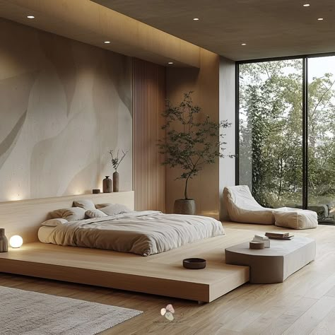 “Quiet Luxury” This Japandi home embraces the beauty of simplicity and nature with its minimalistic design, natural materials, and soft neutral tones. The space is defined by clean lines, low-profile furniture, and a harmonious use of wood textures throughout, from the platform bed to the shelving and decorative elements. The room’s openness is enhanced by large windows, bringing the outside in, and natural light gently illuminates the space. Soft, earthy fabrics in beige and off-white tones... Bedroom Low Bed, Japandi Bedding, Light Beige Bedroom, Japanies Bed, Earthy Japanese Bedroom, Quiet Luxury Interior Design, Masters Bedroom Japandi, Japanese Platform Bed, Japandi Style Bedroom