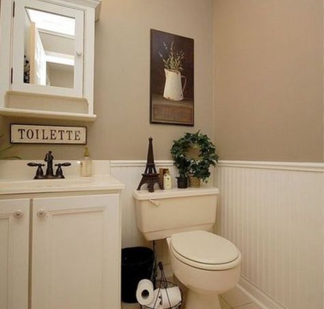 My bathroom is almond =( White And Tan Bathroom, Tan Bathroom Ideas, Tan Bathroom, Traditional Powder Room, Powder Room Design Ideas, Rustic Bathroom Remodel, Bathroom Wall Colors, Half Bathroom Remodel, Small Bathroom Colors