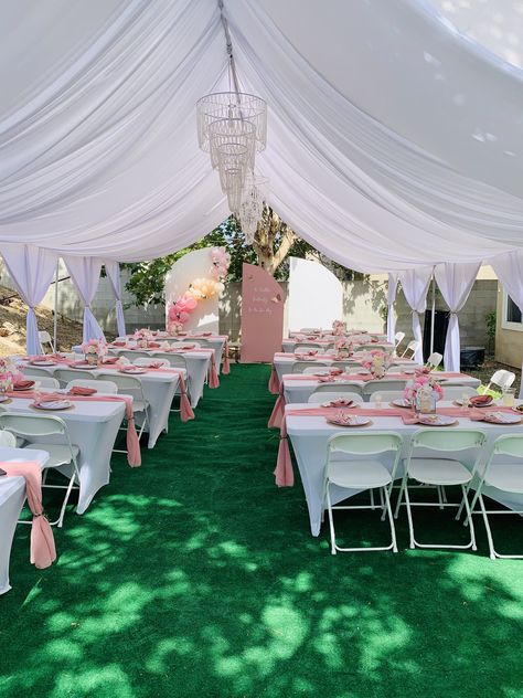 Pink Quinceanera Theme Outdoors, Outside Party Set Up, Party Tent Draping Ideas, Outdoor Party Layout, White Party Tent Decorations, Quince Backyard Party, Grad Party Outdoor Decor, Outdoor Tent Birthday Party Decoration, Quince Tent Decor