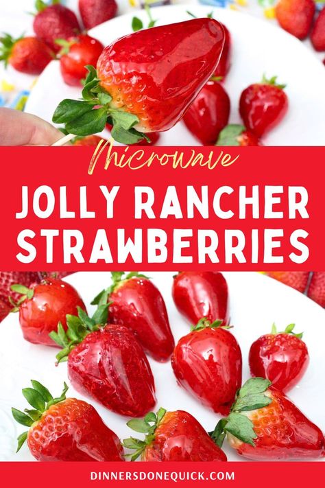 Enjoy a sweet and crunchy delight with my Jolly Rancher strawberries recipe! 🍓✨ Similar to tanghulu, you can experience the magic of candy-coated fruit in just a few simple steps. It's the spring time version of Jolly Rancher grapes! Perfect for satisfying your sweet tooth or impressing guests at your next gathering! #JollyRancher #Strawberries #CandyCoatedFruit Jolly Rancher Melted Candy, Candy Strawberries With Jolly Ranchers, Jolly Rancher Strawberries, Candy Grapes Recipes Jolly Rancher, Strange Desserts, Candy Coated Fruit, Jolly Rancher Grapes, Jolly Ranchers Candy Apples, Candied Strawberries Recipe