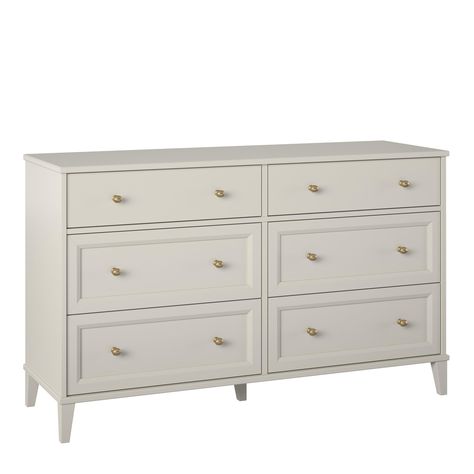 Rest easy in the stylish and organized bedroom sanctuary you deserve with the Monticello Collection from Ameriwood Home. Beveled drawer fronts, brassy gold hardware and tapered legs make the Wide 6 Drawer Dresser an instant classic with an elegant vibe. Dresser Taupe, Taupe Rooms, Organized Bedroom, 2 Drawer Dresser, Bedroom Sanctuary, Dresser Bed, Sanctuary Bedroom, Bedroom Furniture Dresser, Modern Dresser