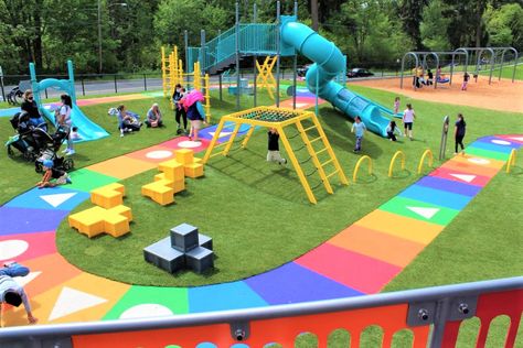 New West Fenwick Park Playground Will Enthrall Seattle-Area Kids and Families | ParentMap Daycare Backyard, Playground Design Plan, Colorful Playground, Life Size Games, Chutes And Ladders, Kids Outdoor Playground, Outdoor Kids Play Area, Cool Playgrounds, Play Area Backyard