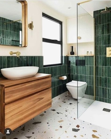 Half Green Tile Bathroom, Bathroom Decor Green Tiles, Bathroom Tile Ideas Colorful, Green Terracotta Bathroom, Modern Heritage Bathroom, Bathroom Ideas Emerald Green, Green Vertical Tile Bathroom, Bathroom Ideas Long Narrow, Green En Suite