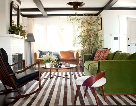 Add a pop of pigment that will complement your color scheme, like this room’s olive-hued couch. | Designer: Nickey Kehoe Nicky Kehoe, Nickey Kehoe, Beach Living Room, Craftsman Bungalow, Green Sofa, Craftsman Bungalows, Salalah, Minimalist Living, A Living Room