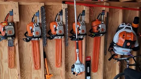 How to Store a Chainsaw So It Doesn’t Leak Oil Chainsaw Truck Storage, Chainsaw Holder For Garage, Diy Chainsaw Holder, Chain Saw Storage Ideas, Storing Chainsaws, Chainsaw Storage Box Diy, Backpack Blower Storage, Chain Saw Storage, Chainsaw Storage Ideas