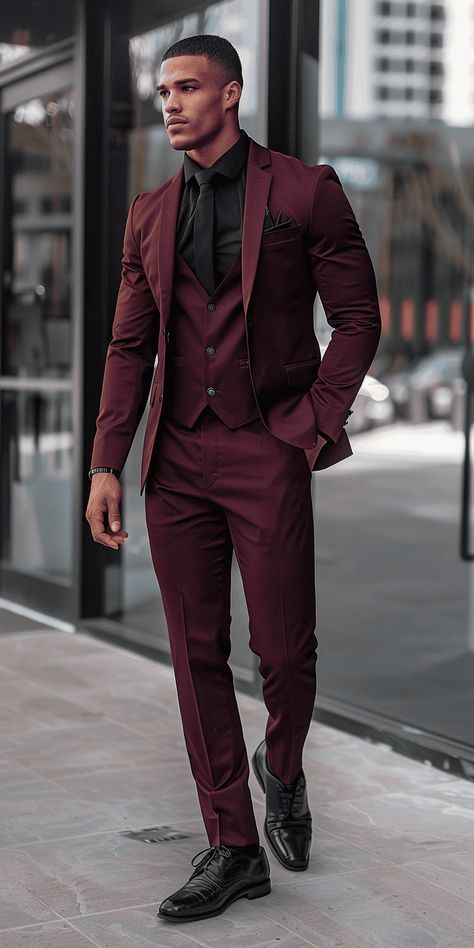 Stylish Fall Wedding Guest Outfit for Men: Burgundy Suit Ideas Burgundy Suit For Men, Formal Christmas Outfit Men, Crimson Suit Men, Deep Red Suit Men, Jewel Toned Wedding Party, Black And Maroon Groomsmen Attire, Black And Burgundy Groomsmen Attire, Suit Ideas For Men Wedding, Mens Gala Attire