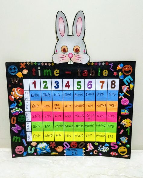 Time table chart designs  Creativity by Vasundhra Sharma Class Time Table Ideas, Performance Chart For Classroom, Tables Chart For Classroom, Time Table Ideas For Classroom, Time Table For Classroom, Time Table Design School Chart Aesthetic, Class Timetable Ideas Classroom Displays, Time Table Decoration Ideas For School, Timetable Chart For Classroom