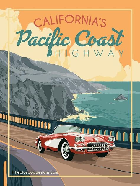 Classic Corvette, classic view Travel Posters Vintage, Vintage Travel Wedding, Posters Photography, Vintage Travel Themes, Photography Minimalist, California Poster, Travel Vintage, Vintage Poster Design, Minimalist Travel