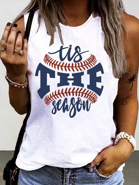 White Casual Collar  Knitted Fabric Figure,Geometric,Graphic,Letter Tank Embellished Medium Stretch Summer Women Clothing Baseball Shirts Women, Cricut Tshirt Ideas For Women, Baseball Fits, Baseball Games For Kids, Softball Shirt Designs, Baseball Tank, Baseball Tank Top, Baseball Tanks, Sports Mom Shirts