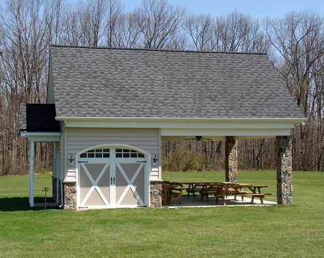 Garage Shed. The covered area also acts as a covered eating area for get togethers. Classic American Homes, Inc Pergola Garage, Classic American Home, Detached Garage Designs, Carport Designs, Garage Door Design, Backyard Pavilion, Backyard Lighting, Shed Design, Garage Plans