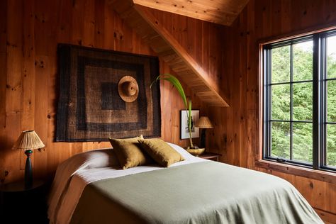 Robert Mckinley, Wood Panel Bedroom, Knotty Pine Walls, Bungalow Renovation, Airbnb Design, Pine Walls, Bedroom Panel, Wood Panel Walls, Main Bedroom