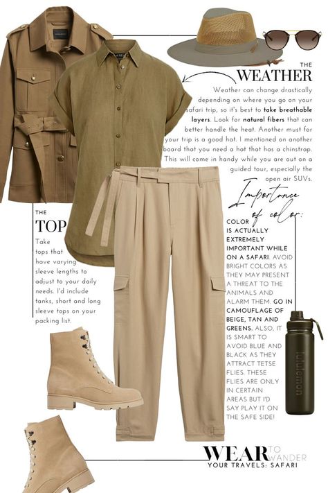 Wear To Wander, Safari Outfit Women, Africa Safari Clothes, Jungle Outfit, Nature Outfits, Safari Outfit, Safari Outfits, Easy Outfits, Safari Chic