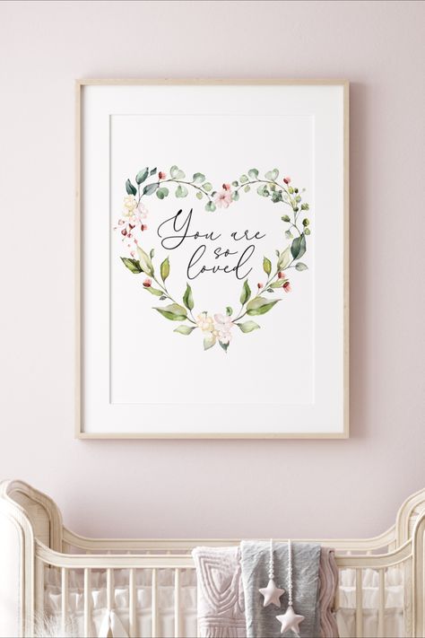 You Are So Loved Print With Watercolor Floral Greenery Wreath Ecoline Watercolor, Girl Room Quotes, Water Paints, Etsy Nursery, Scripture Inspiration, Wall Art Heart, Wall Art Girls Room, Calm Nursery