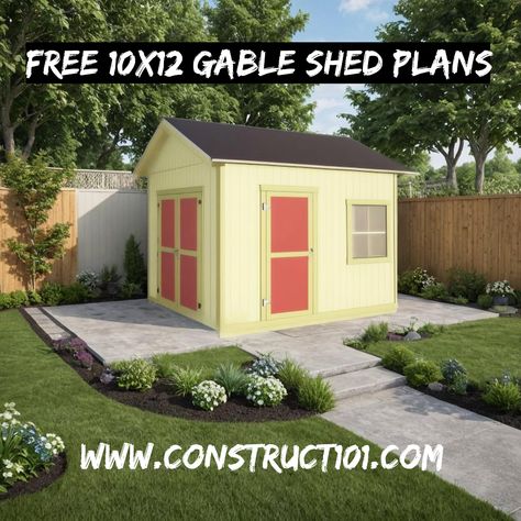 Shed Plans 10x12 Gable Shed - Step-By-Step - Construct101 Small Shed Plans, Free Shed Plans, Small Sheds, Gable Roof, Shed Plans, Step By Step Instructions, Shopping List, Pdf Download, Shed