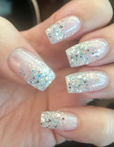 Coffin White Diamond Glitter Nails White Nails Gold Glitter Tips, Clear And Silver Acrylic Nails, Sparkly Diamond Nails, Silver Glitter Ombré Nails, White Glitter Fade Nails, Nails For Vegas Trip Glitter, Glitter Ombre Nails Coffin, White Nails With Silver Glitter, White Glittery Nails