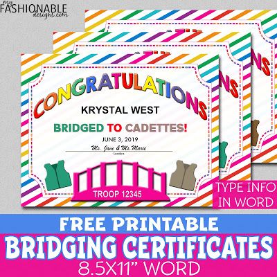 My Fashionable Designs: Free Printable Bridging Certificates - NEW! Bridging Ceremony, Girl Scout Bridging, Brownie Badges, Scout Crafts, Badge Ideas, Brownie Girl, Mom Appreciation, Girl Scout Activities, Words Of Appreciation