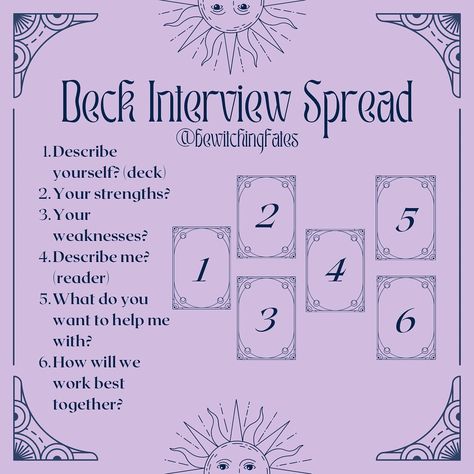 It’s been a while since I’ve shared a tarot or oracle spread for you. This is one to use as a Reader Check-in prompt. 1. What am I excelling in right now? 2. Where are my blind spots? 3. Which card represents me as a reader? Let me know if you’ll use it! I’ve, also, included my Deck Interview Spread from a long time ago since it’s been quite popular recently. 1. Describe yourself? (deck) 2. Your strengths? 3. Your weaknesses? 4. Describe me? (reader) 5. What do you want to help me... Deck Interview Spread, Diy Oracle Cards, Deck Interview, Oracle Card Spreads, Tarot Interpretation, Learning Tarot Cards, Tarot Card Spreads, Tarot Book, Witch Spell Book