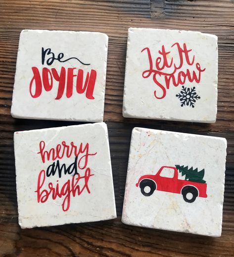 Ceramic Christmas Coasters, Ceramic Tile Crafts, Diy Coasters Tile, Room Parent, Glowforge Ideas, Holiday Coasters, Christmas Resin, Travertine Tiles, Christmas Cricut