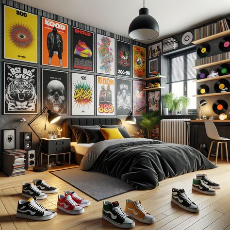 hype-beast-bedroom Edgy Bedroom Decor, Hype Beast Bedroom Ideas, Style A Bedroom, Hypebeast Bedroom, Gamer Bedroom Ideas, Grey Boys Rooms, Hype Beast Bedroom, Bedroom Ideas Men, Guy Dorm