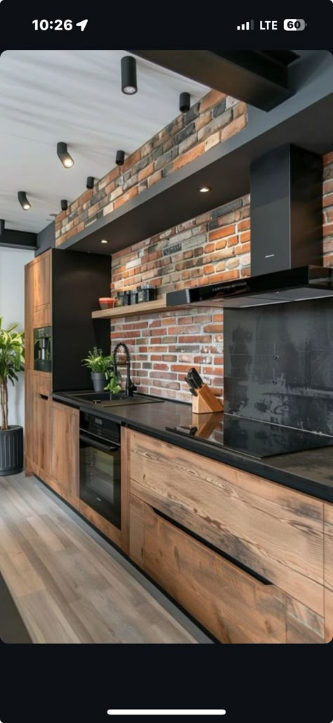 Modern Style Kitchen Design, Wood Effect Kitchen Cabinets, Black And Wood Modern Kitchen, Log Cabin Modern Interior, Modern Cabin Interior Kitchen, Rustic Modern Design, Small Rustic Kitchen Design, Stone And Wood Kitchen, Rustic House Interior Design