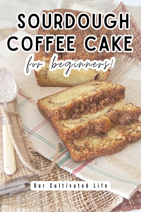 This sourdough coffee cake it perfect for beginners. It uses discard, so you don't have to worry about a perfectly active starter! Easy, simple, foolproof, and delicious! This sourdough coffee cake it sure to be a hit at your next brunch! sourdough / coffee cake / sourdough coffee cake / sourdough discard recipes / sourdough discard ideas / discard brunch recipes / sourdough brunch recipes Desserts Made With Sourdough Discard, Sour Dough Pancakes With Discard, Sourdough Coffee Cake Recipes, Sourdough Discard Cinnamon Coffee Cake, Sour Dough Coffee Cake Recipes, Discard Sourdough Bread Recipes, Sourdough Discard Coffee Cake Muffins, Sour Dough Discard Coffee Cake, Sourdough Buttermilk Bread