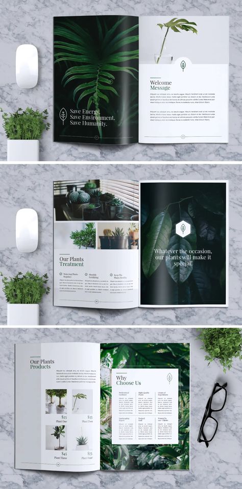 Decorative Plants Brochure Template INDD - 12 custom pages design - A4 and US Letter size Plant Catalog Design, About Us Page Design Layout, Green Brochure Design, Nature Brochure Design, Brochure Environment, Sustainability Brochure, A4 Brochure Design, Folder Design Inspiration, Elegant Brochure