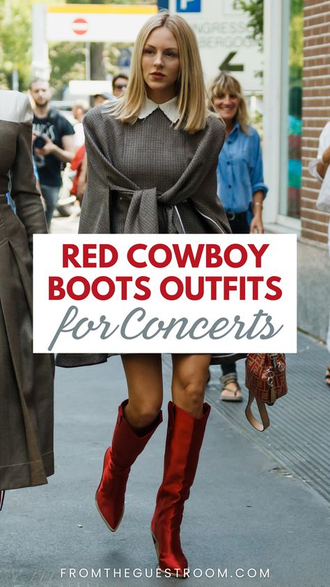 a woman wears red cowboy boots to concert What To Wear With Red Cowboy Boots, Red Boots Cowboy, Outfits With Red Cowboy Boots For Women, Dark Red Cowboy Boots Outfit, Tall Red Boots Outfit, Red Leather Boots Outfit, Outfits With Red Cowboy Boots, Red Western Boots Outfit, Cowboy Boots Outfit Country