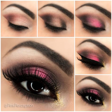 Black and gold lid with neon pink centre accent Mac Eyeshadow, Pink Smoky Eye, Makeup Eyeshadow Brown Eyes, Smoky Eye Makeup Tutorial, New Makeup Ideas, Makeup 2018, Green Makeup, Makeup Guide, Eye Makeup Tips